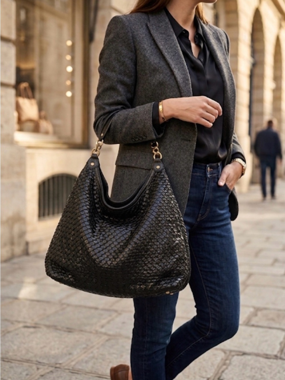 Cole Haan Woven Leather Hobo with Gold-Tone Hardware